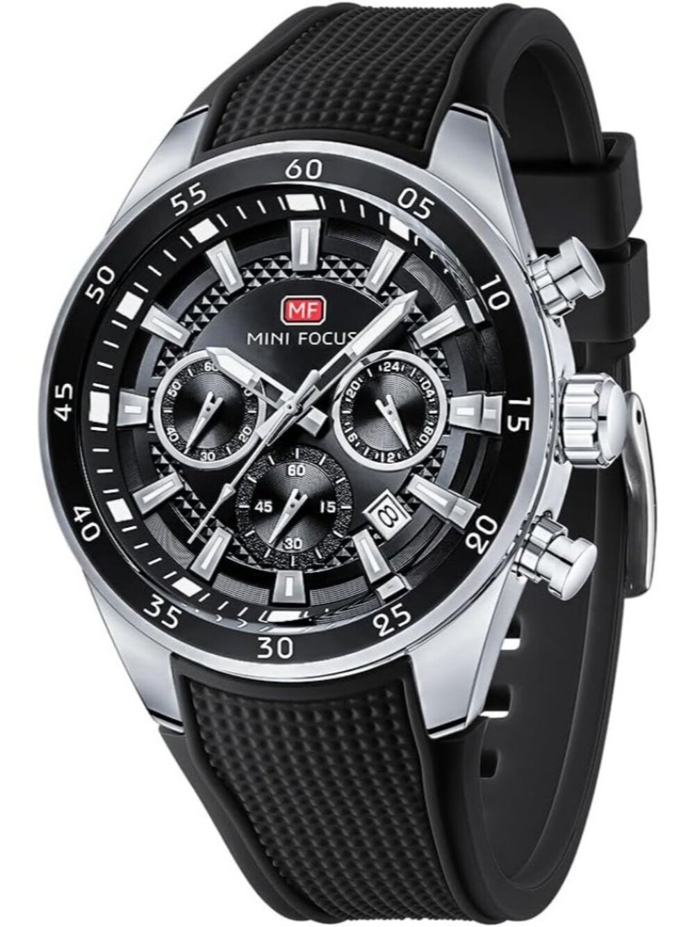 Men Black Silver Silicon Band Chronograph Waterproof Luminous Unique Wrist Watch